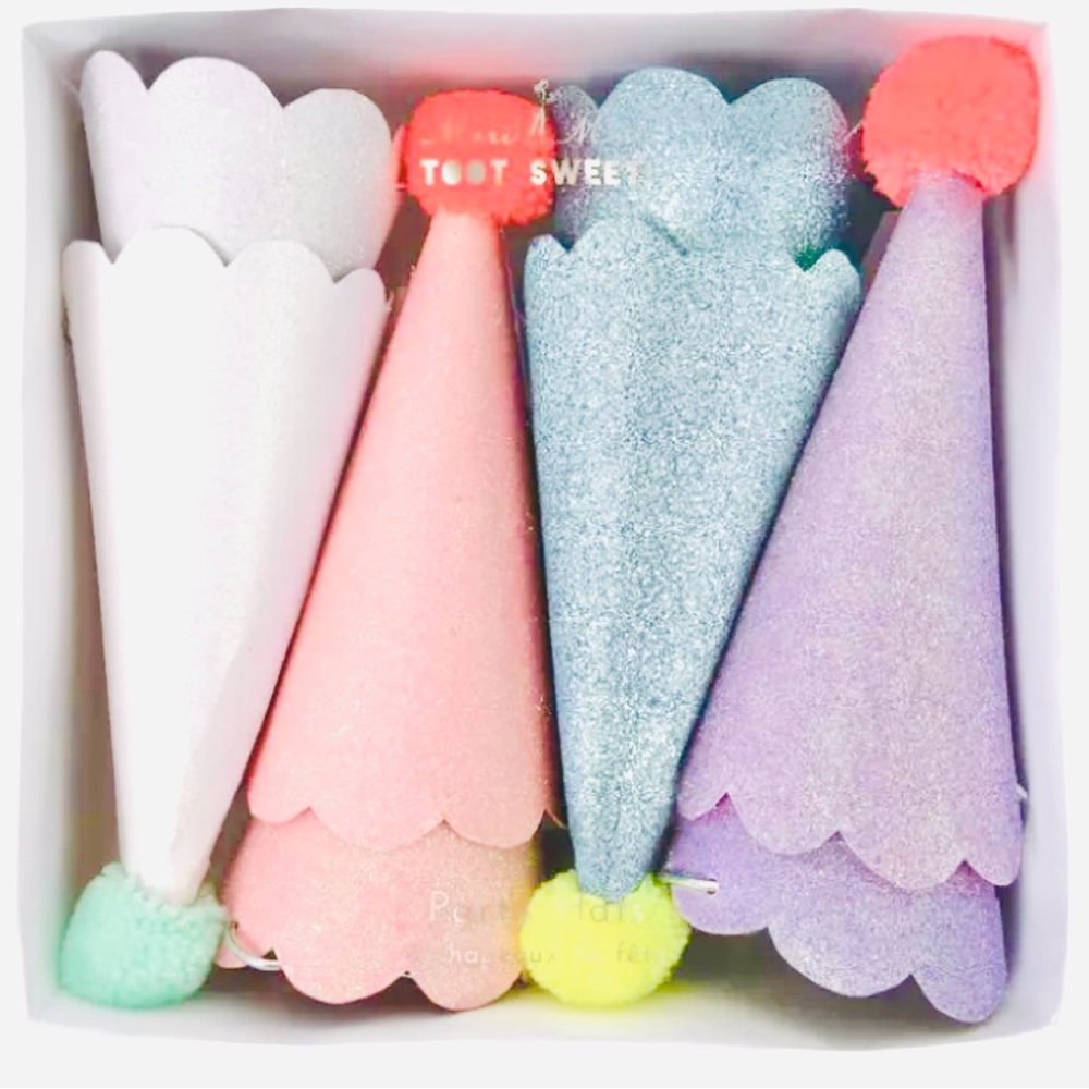 Meri Meri 8 Pc. Glitter & PomPom Party Hats - FANCY & REUSABLE! 10 available